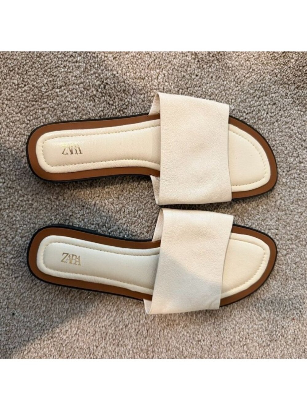 Zara White Soft Leather Brown Trim Slide Sandals Size 6.5 EU 37